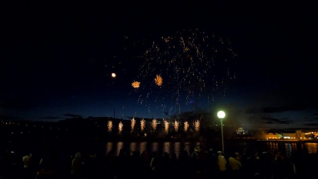 Peony and comet fireworks are bursting in the naight sky.