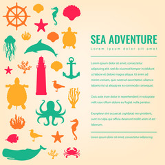 Sea icons and symbols set. Sea animals. Nautical design elements. Vector