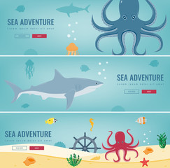 Sea icons and symbols set. Sea animals. Nautical design elements. Concept website template. Vector