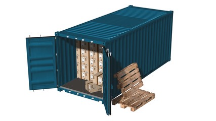 package delivery concept, global freight transportation business, cargo container with cardboard boxes 