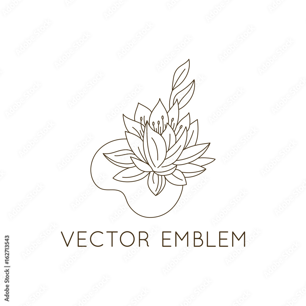 Poster vector logo design template - floral illustration in simple minimal linear style