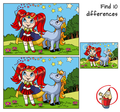 Fototapeta Cute little witch girl with a magic wand and young unicorn. Find 10 differences. Educational game for children. Cartoon vector illustration