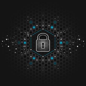 Safety concept. Global security. Closed padlock, glitter and hexagon shapes on vector abstract dark technological background.