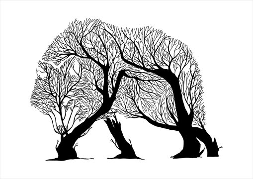 Mysterious aggressive Wolf walking slowly and hunt silhouette double exposure blend tree drawing tattoo vector