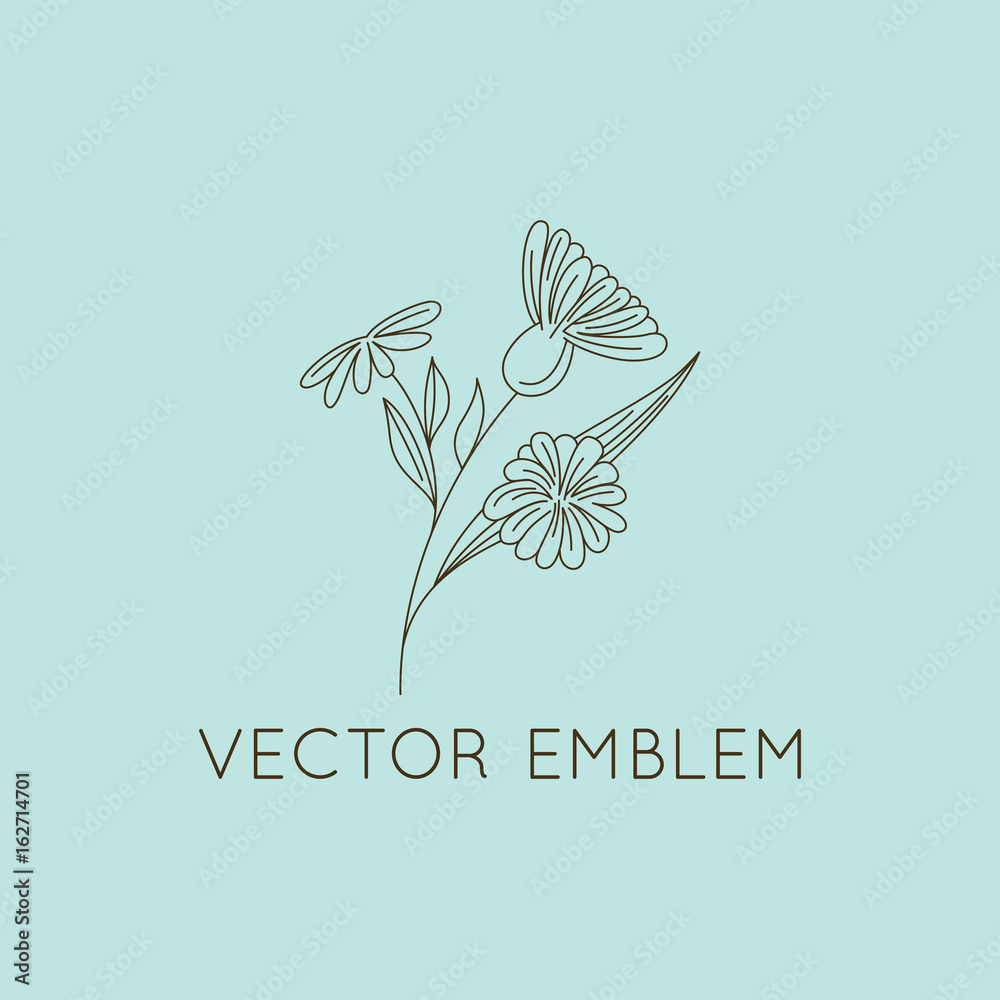 Poster vector logo design template - floral illustration in simple minimal linear style
