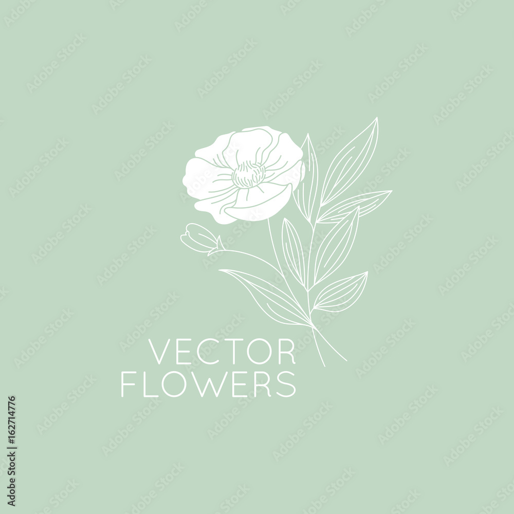Poster vector logo design template - floral illustration in simple minimal linear style