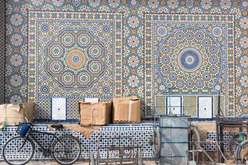 Moroccan mosaic with bicycle, Meknes, Morocco