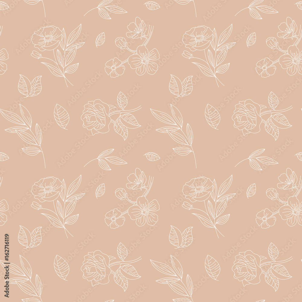 Poster vector seamless pattern with flowers and leaves in linear style - packaging background or wrapping p
