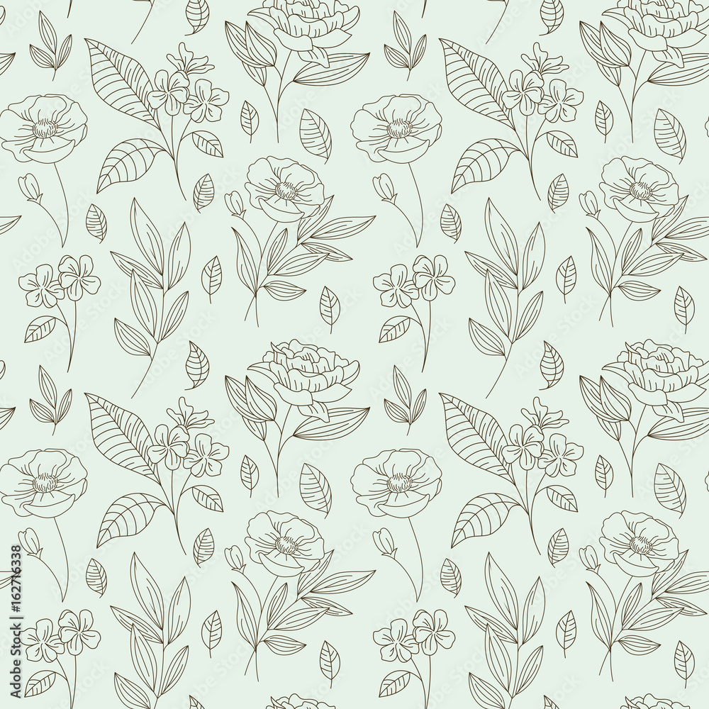 Aufkleber vector seamless pattern with flowers and leaves in linear style - packaging background or wrapping p