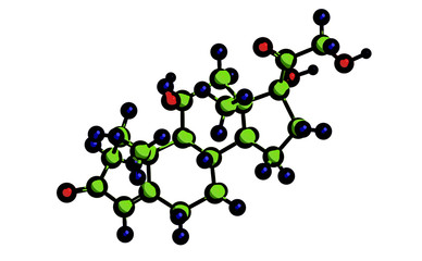 Molecular structure of hormone cortisol, 3D rendering