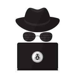 A computer hacker in sunglasses in a hat with a laptop. Virus Attack