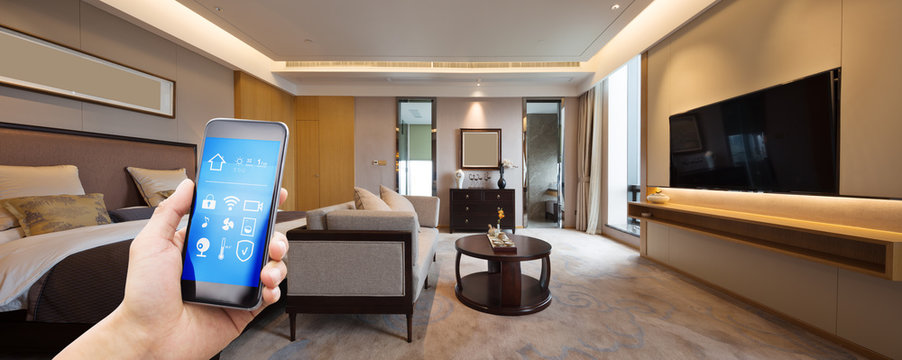 mobile phone with luxury bedroom in smart home