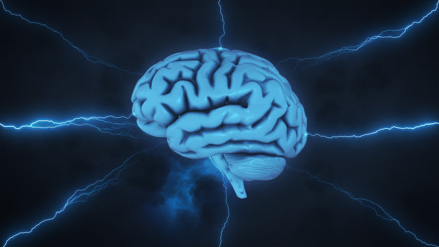 Brainstorm - 3D render of brain in stormy sky with lightning