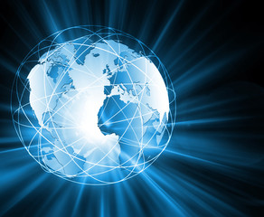 Best Internet Concept of global business. Globe, glowing lines on technological background. Wi-Fi, rays, symbols Internet, 3D illustration