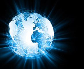 Best Internet Concept of global business. Globe, glowing lines on technological background. Wi-Fi, rays, symbols Internet, 3D illustration