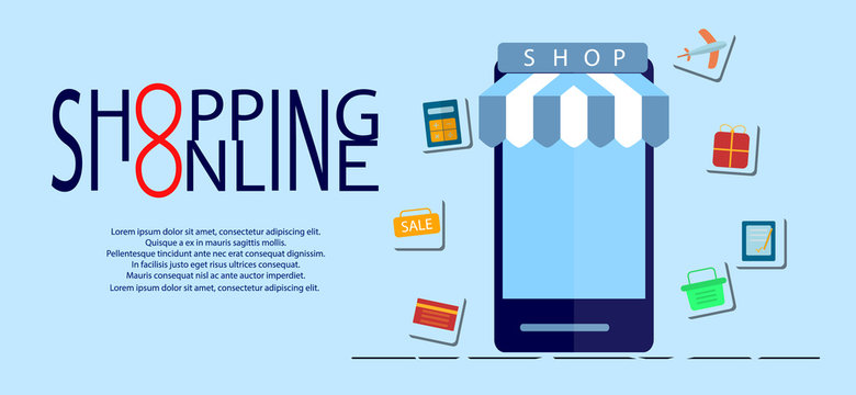 Modern Concept of Purchasing Product Via Internet, Mobile Shopping Communication and Delivery Service. Flat design.
