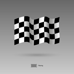 Black and white checkered Racing flag. Finish and start flag for racing car blowing in the wind. Official colors and proportion correctly. High detailed vector illustration. 3d and isometry. EPS10