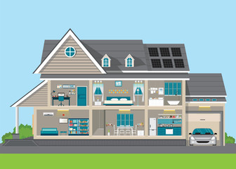 Modern home design exterior and interior room with furniture.