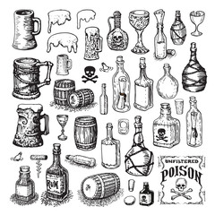 Vector illustrated set of various bottles, mugs, glasses and barrels