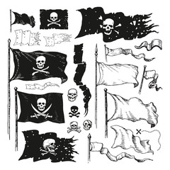 Naklejka premium Vector illustrated set of various waving pirate flags