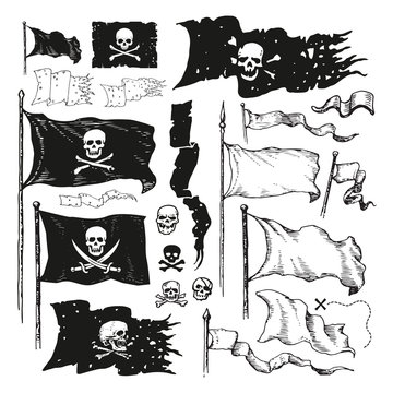 Naklejki Vector illustrated set of various waving pirate flags