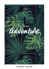 Dark vector tropical design with green jungle palm leaves and lettering.