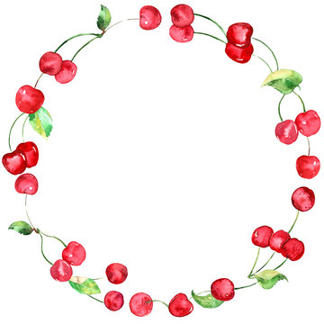 Watercolor Cherries fruit wreath on white background