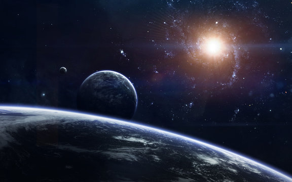 Fototapeta Science fiction space wallpaper, incredibly beautiful planets, galaxies, dark and cold beauty of endless universe. Elements of this image furnished by NASA