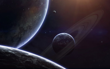 Fototapeta na wymiar Science fiction space wallpaper, incredibly beautiful planets, galaxies, dark and cold beauty of endless universe. Elements of this image furnished by NASA