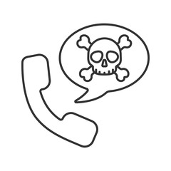 Handset with skull and crossbones inside speech bubble. Linear icon