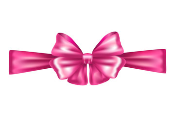 3D realistic decorative pink bow with horizontal ribbon, bow tie satin. Vector bow for page, gift card, box decor isolated on white