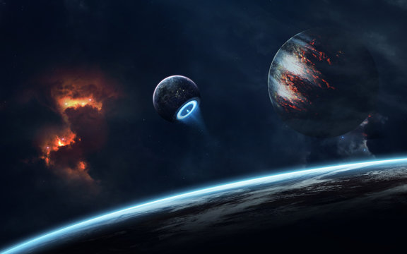 Fototapeta Science fiction space wallpaper, incredibly beautiful planets, galaxies, dark and cold beauty of endless universe. Elements of this image furnished by NASA