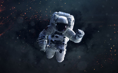Fototapeta na wymiar Science fiction space wallpaper with astronaut, incredibly beautiful planets, galaxies, dark and cold beauty of endless universe. Elements of this image furnished by NASA