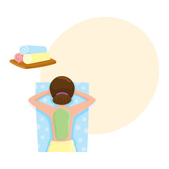 Young woman getting algae mask, mud treatment in spa salon, top view cartoon vector illustration with space for text. Top view picture of woman getting mud, algae mask on her back in spa salon