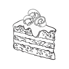 black and white hand drawn piece of layered chocolate cake with icing and shavings, sketch style vector illustration isolated on background. Realistic hand drawing of piece, slice of chocolate cake