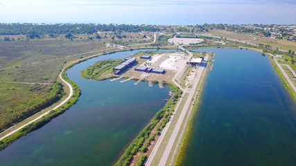 Aerial drone photo of Schinias public Rowing and Canoeing Centre , Attica, Greece