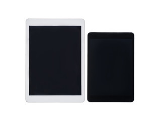 close up view of pair of digital tablets with blank screens isolated on white