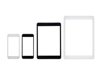 close up view of digital tablets and smartphones isolated on white