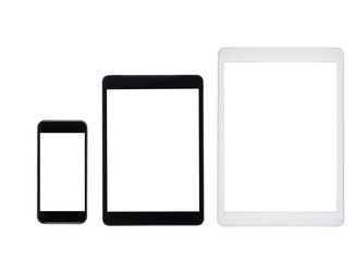 set of tablet computers and smartphone with blank screens isolated on white