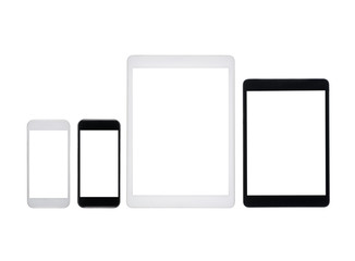 set of digital tablets and smartphones with blank screens isolated on white