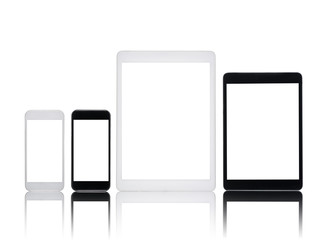 set of digital tablets and smartphones with blank screens isolated on white