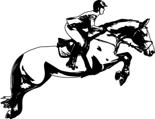 Horsewoman and a horse are jumping over an obstacle, are in mid-air.