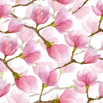 Spring watercolor magnolia seamless pattern. Hand drawn design for textile,print,wrapping paper.