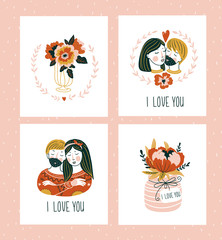 Vector illustration. Valentines day greeting cards templates with love lettering, hearts, flowers , couple and plant wreath. Romantic backgrounds.