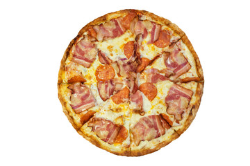 Pizza round with ham and cheese isolated on white background. Delicious Italian fast food. Cakes for fun - no diet!