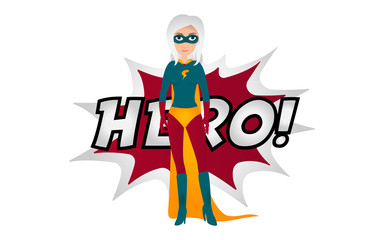 Superheldin mit einer Sprechblase im Hintergrund