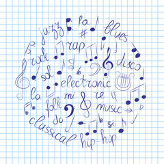 Hand Drawn Set of  Music Symbols.  Doodle Treble Clef, Bass Clef, Notes and Music Styles Arranged in a Circle on Copybook Sheet. Vector Illustration.