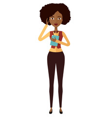 African american woman with mobile phone vector illustration isolated on a white background.