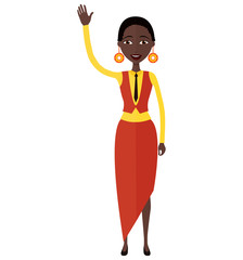 African American business woman waving her hand flat cartoon vector illustration.