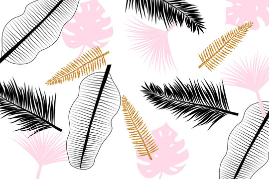 Banner with hand drawn pink, black and golden tropical leaves.
